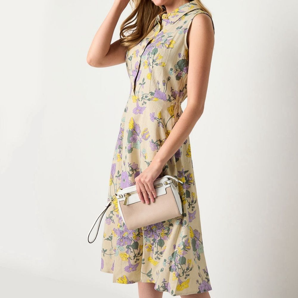 Liz Claiborne Womens Sleeveless Midi A-Line Dress Size 18 Floral Linen Blend